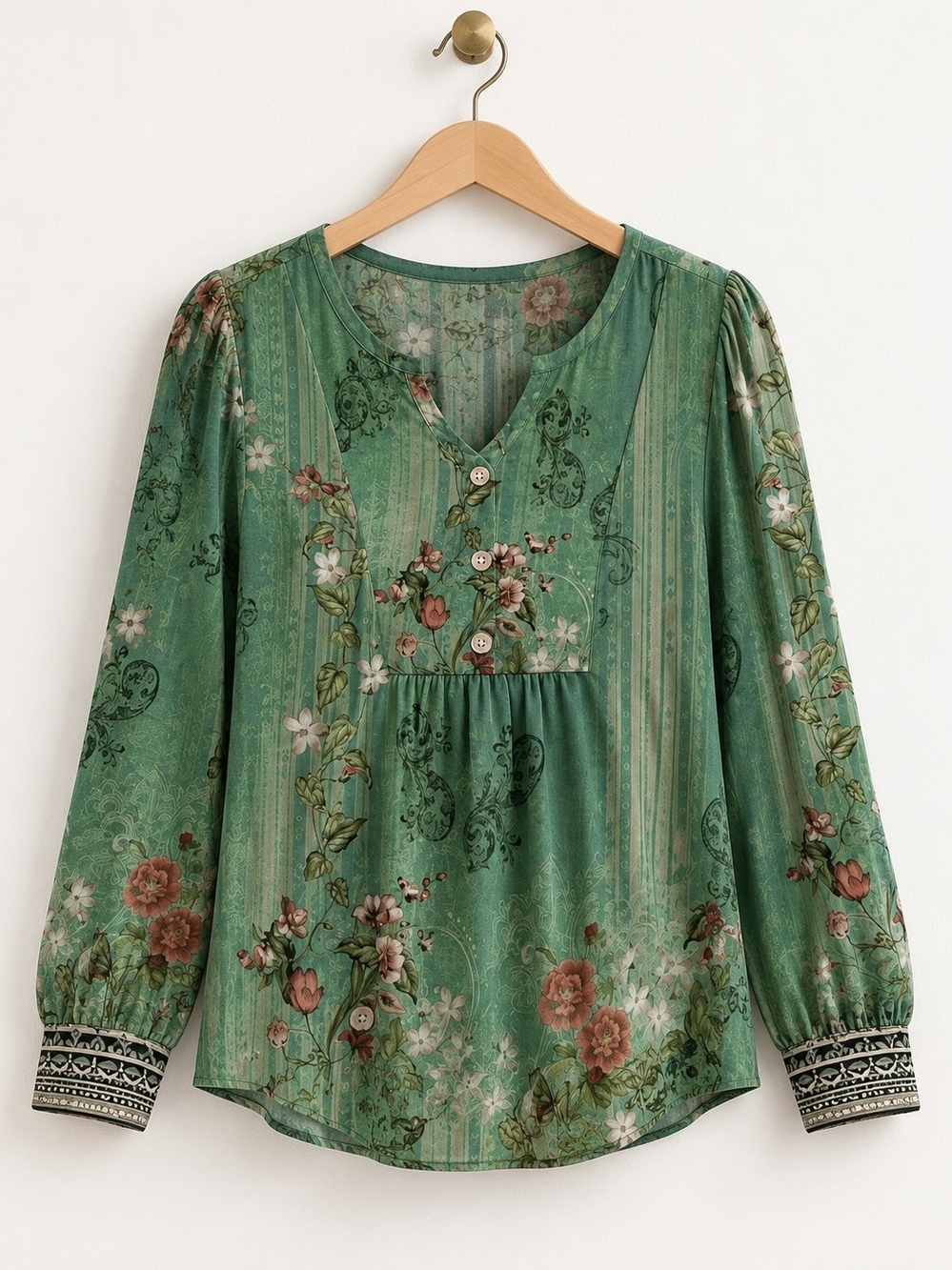 Green Floral V-Neck Long Sleeve Women's Top XL